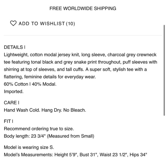 Rails Emilia Jersey Knit Long Sleeve Crewneck Charcoal Snakeskin Small - Picture 11 of 11